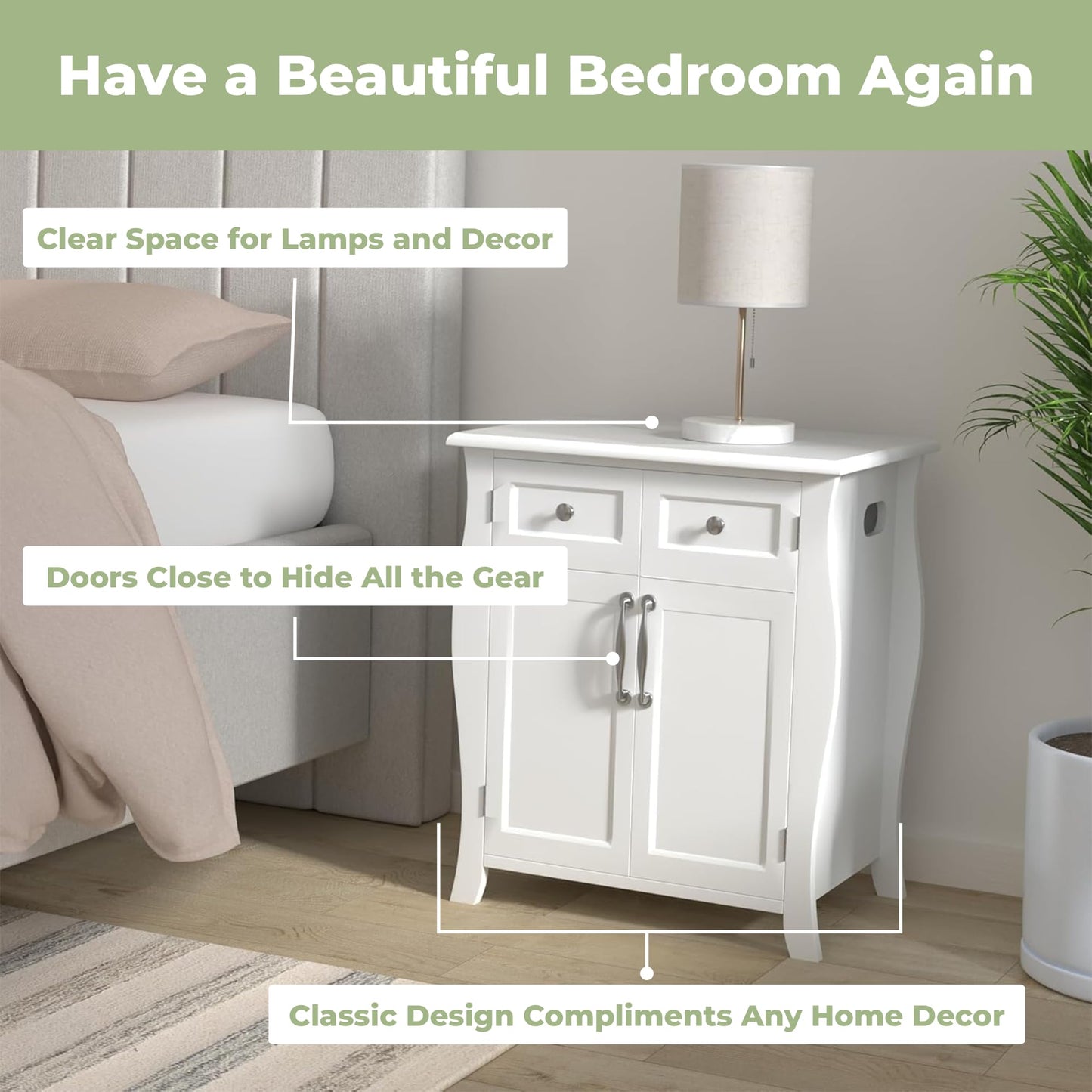Northwood Calliger Bedroom CPAP Nightstand with Drawers for CPAP Accessories & Machine - Sleek Wooden Night Stand with CPAP Hose Holder Bed Side Table with Storage (White)