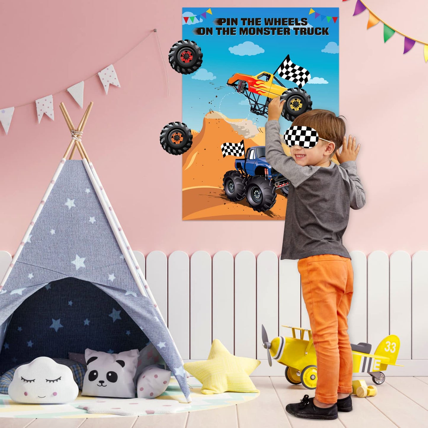 ASTARON Pin The Tail Games Pin The Wheels on The Truck Party Game with 30 Tyres Stickers for Car Theme Birthday Party Supplies, Boys Party Baby Shower Background Christmas Party Gifts Favors