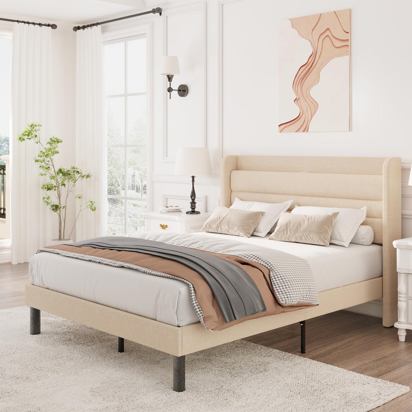 Flolinda Queen Bed Frame with Type-C & USB Ports Upholstered Platform Bed Frame with Wingback Shelf Beige