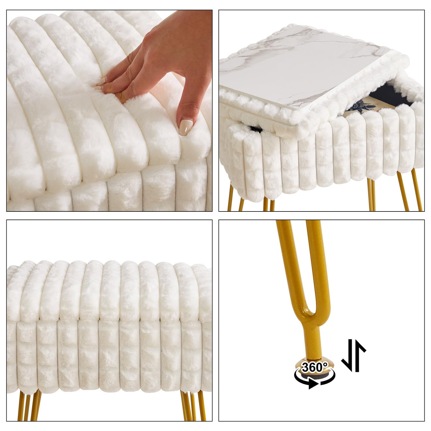 IBUYKE Rectangle Vanity Chair with Storage Space, Footrest Footstool Ottoman, Vanity Stool, Dressing Table Chair, with Anti-Slip Feet, for Makeup Room, Bedroom, Square Grid Pattern, White WBD004W