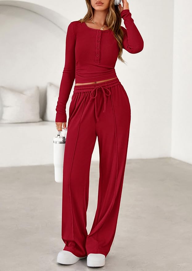 PRETTYGARDEN Women's 2026 Fall Trendy 2 Piece Outfits Lounge Sets Long Sleeve Top Henley Shirts Wide Leg Pants Travel Clothes