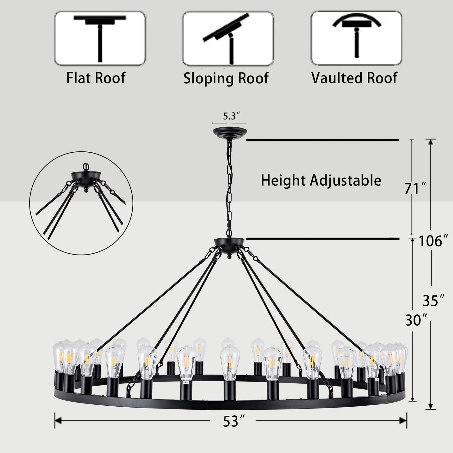 SARUDIIR Wagon Wheel Chandelier Farmhouse 53" 30-Light Large Black Farmhouse Round Wheel Chandelier Light fixtures Outdoor Wagon Wheel Chandeliers for Porch high Ceilings Dining Room Living Room