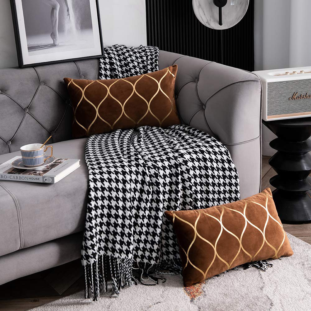DEZENE Gold Velvet Throw Pillow Covers: 2 Pack 12x20 Inch Rectangular Decorative Pillow Cases for Bedroom Sofa Couch Living Room, Light Brown
