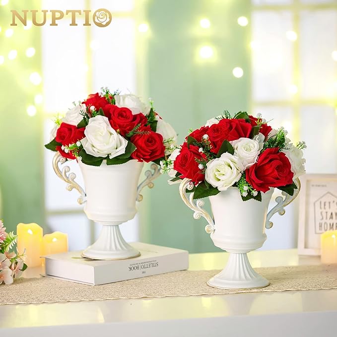 NUPTIO Flower Centerpieces for Wedding Tables: 10 Pcs Red & White Artificial Flower Ball Arrangement for Christmas Thanksgiving Party - 2 Pcs Fake Floral Rose for Bridal Shower Decor