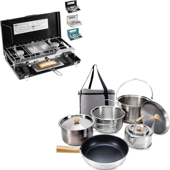 Camping Cookware Set, 304 Stainless Steel Campfire Cooking Pots Pan and Kettle with Camping Stove, 3 Burners Propane Porta...