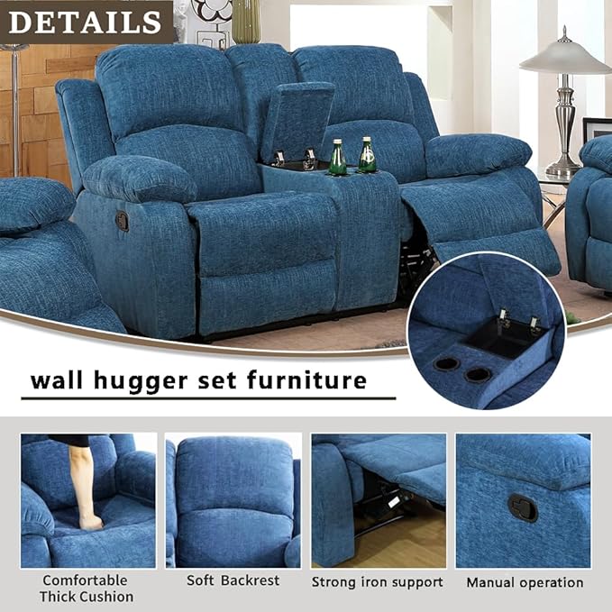 A Ainehome Living Room Furniture Set Leather Recliner Sofa Set Loveseat Chair Furniture Sofa Set for Living Room/Small Space/Rv/House/Office/Theater Seating (A-Blue Microfiber, Loveseat)