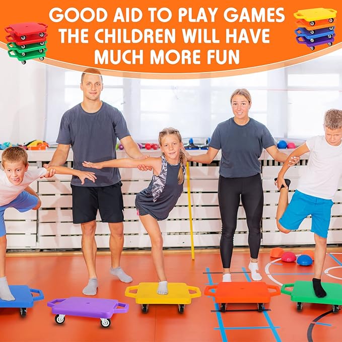 Jerify 8 Pieces Sports Scooter Board Sitting Scooter Board for Kids Plastic Floor with Non-Marring Plastic Casters, Physical Education for Home School Play Equipment