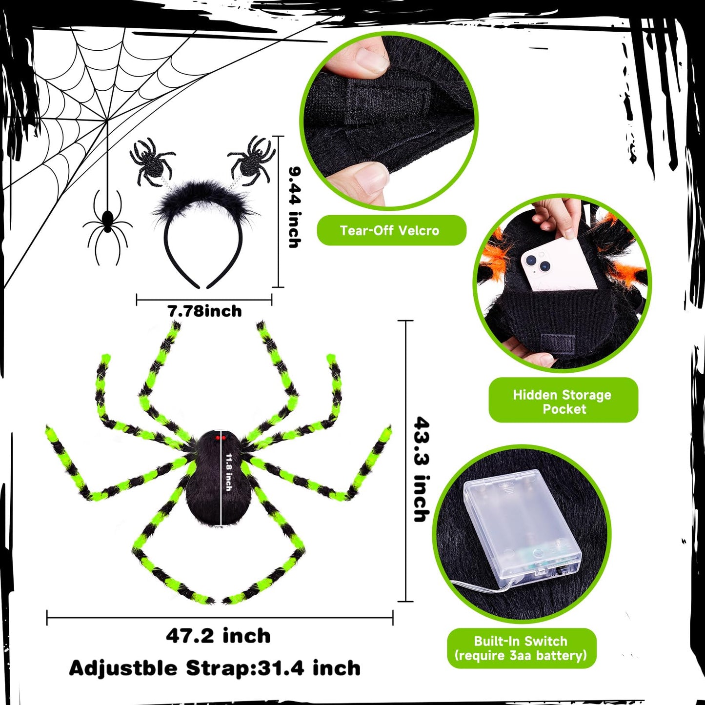 Thuodo Halloween Green Light-Up Spider Costume for Kids & Adults, LED Giant Spider Backpack with Headband, Creepy Spider Outfit with 60 Lights, Halloween Party Trick or Treat Gear– Battery Required