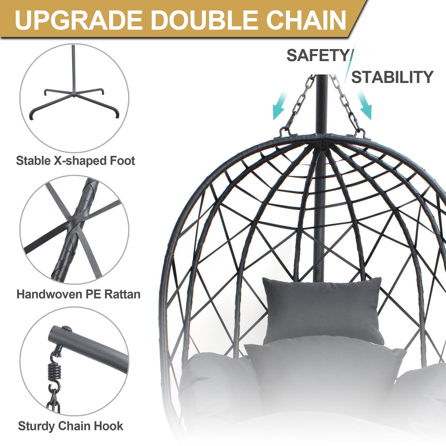 CHINNLUU Outdoor Hanging Egg Chair Outdoor Foldable Wicker Swing Chair with Stand UV Resistant Cushion 350lbs Capacity for Patio, Garden and Balcony