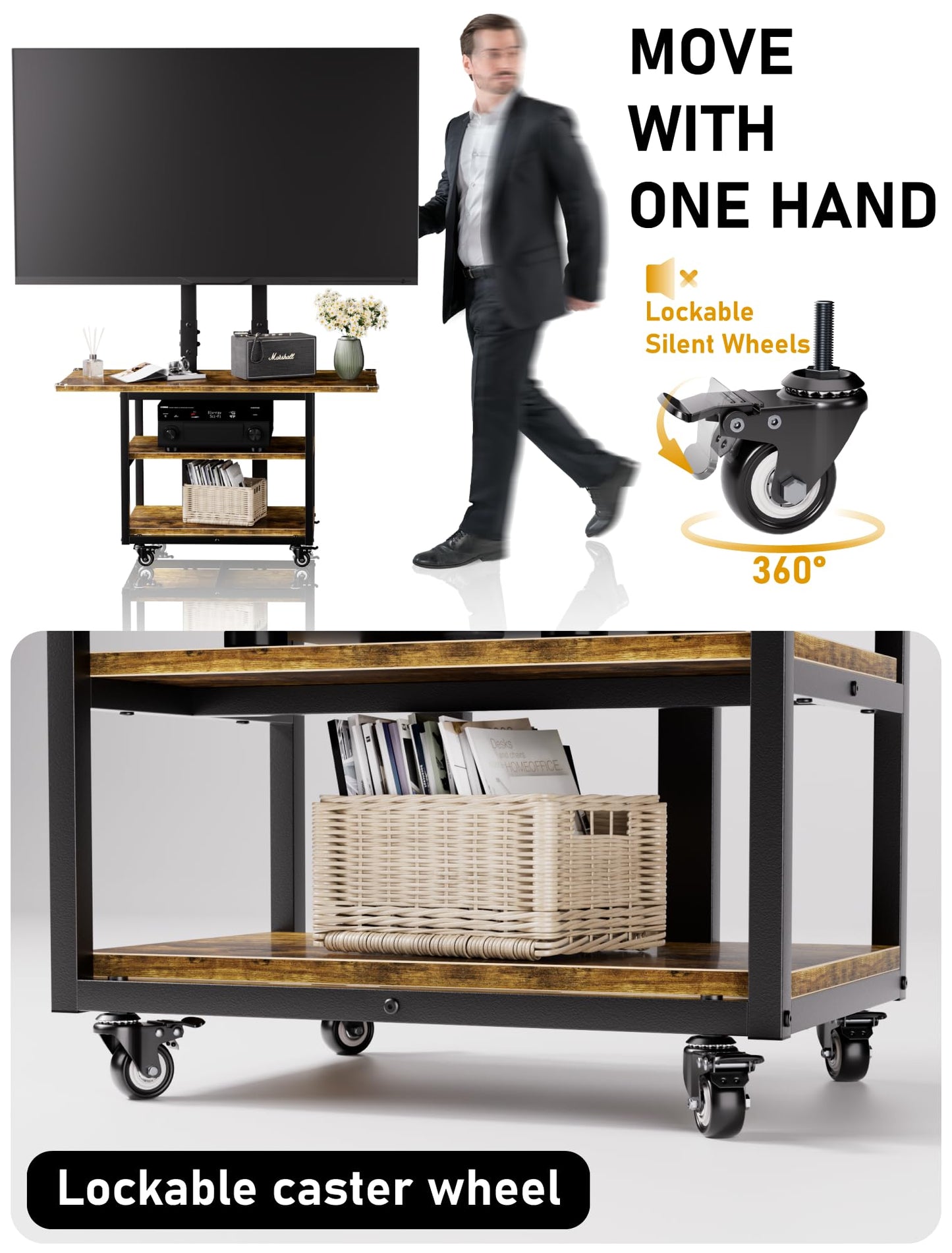 EZISE Heavy Duty Mobile TV Cart with 3-Tier Shelves, Height Adjustable Rolling TV Stand for 32-75 inch TVs up to 150 lbs, Portable TV Stand with Wheels for Home & Office, Max VESA 600×400mm(Retro)