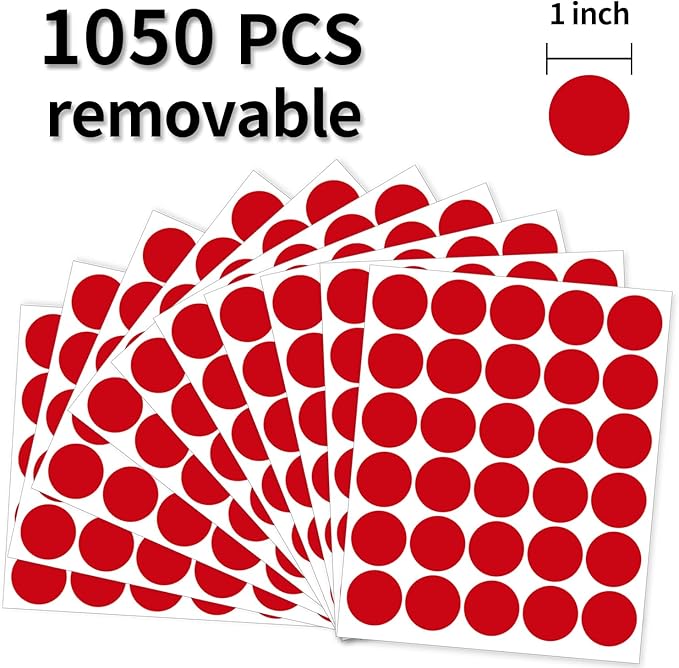 1 Inch Removable Color Code Dot Sticker Round Labels,Garage Sale Stickers Price Tags Label Blank Yard Sale Circle Dot Stickers Removable Writable Not Blurry (1050 Pack,Red)
