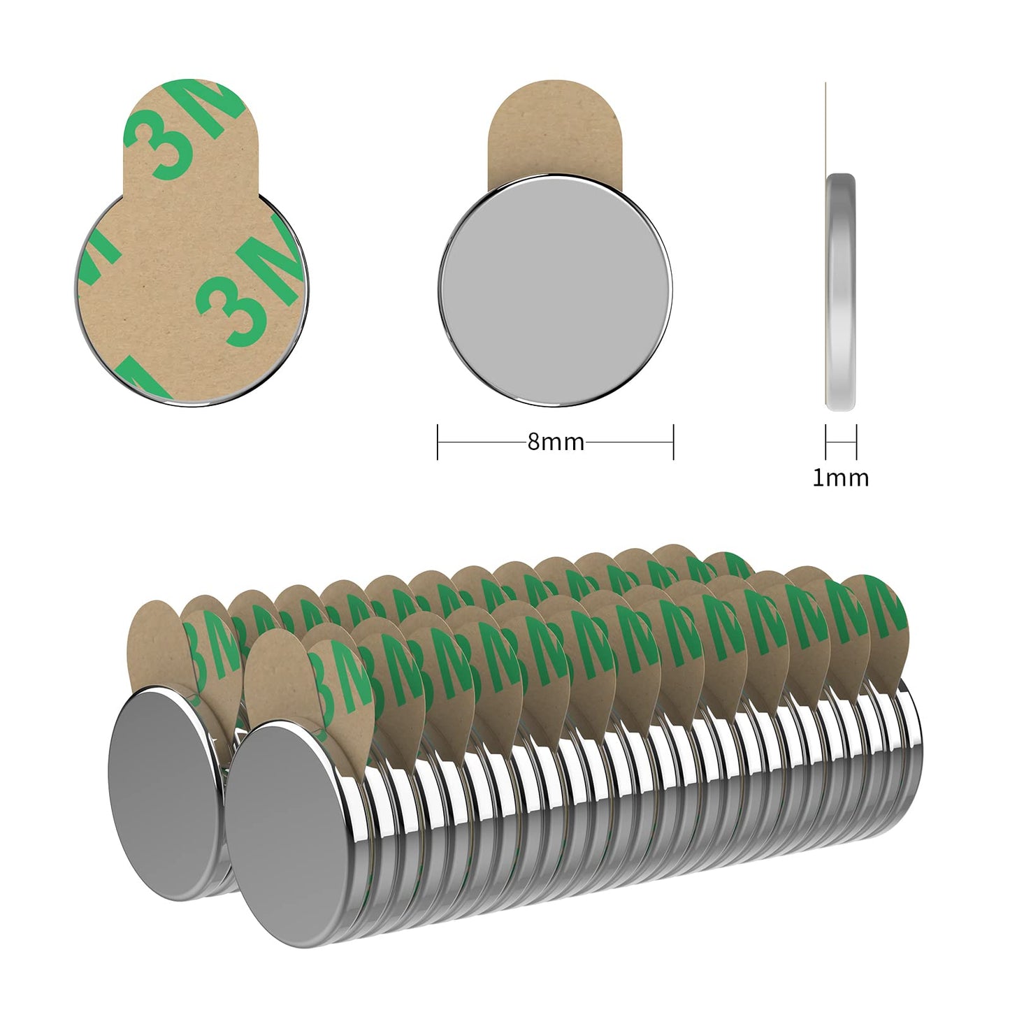 Magnetpro Neodymium Magnet 8x1 mm with Self-Adhesive Dots Magnetized in Pairs Pack of 50 (8x1)