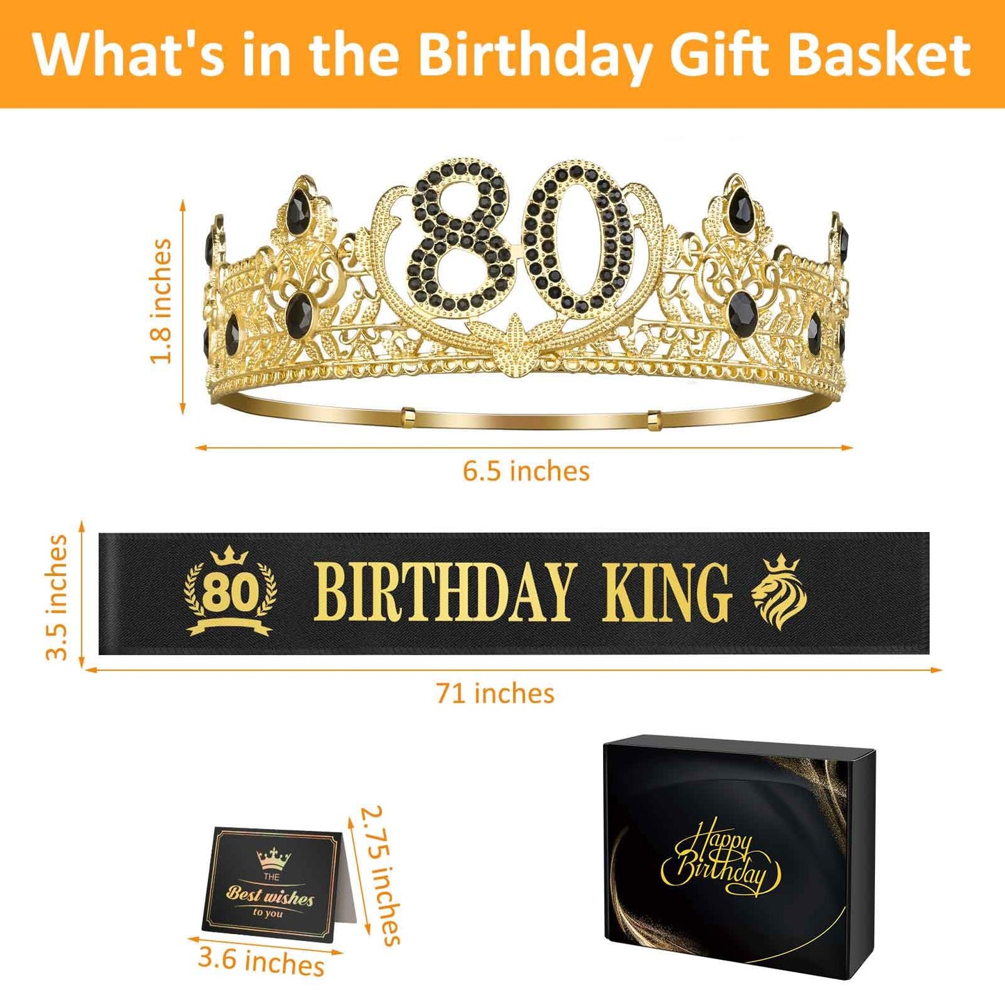 Asija 80th Birthday Gifts for Men, 80th Birthday Decorations for Men, Party Decor Supplies including King Crown & Sash & Greeting Card