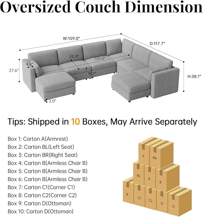 CUGOAO 159'' Modular Sectional Sofa, 8-Seater Oversized U-Shaped Sectional Couch with Ottoman, Deep Seat Chenille Cloud Couch, Mordern Upholstered Couches for Living Room, Apartment, Office, Grey