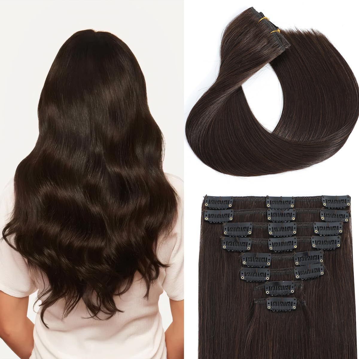 Dark Brown Clip in Hair Extensions Real Human Hair 8Pcs 20 Inch Remy Virgin Straight Human Hair Clip in Extensions 70g Double We