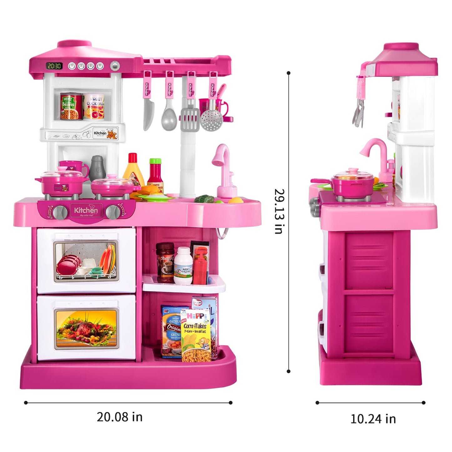 TEMI Play Kitchen Playset Pretend Food - 53 Pieces Pink Kitchen Toys for Toddlers, Toy Accessories Toddler Set with Sound and Light, Toddler Outdoor Playset for Kids, Girls and Boys