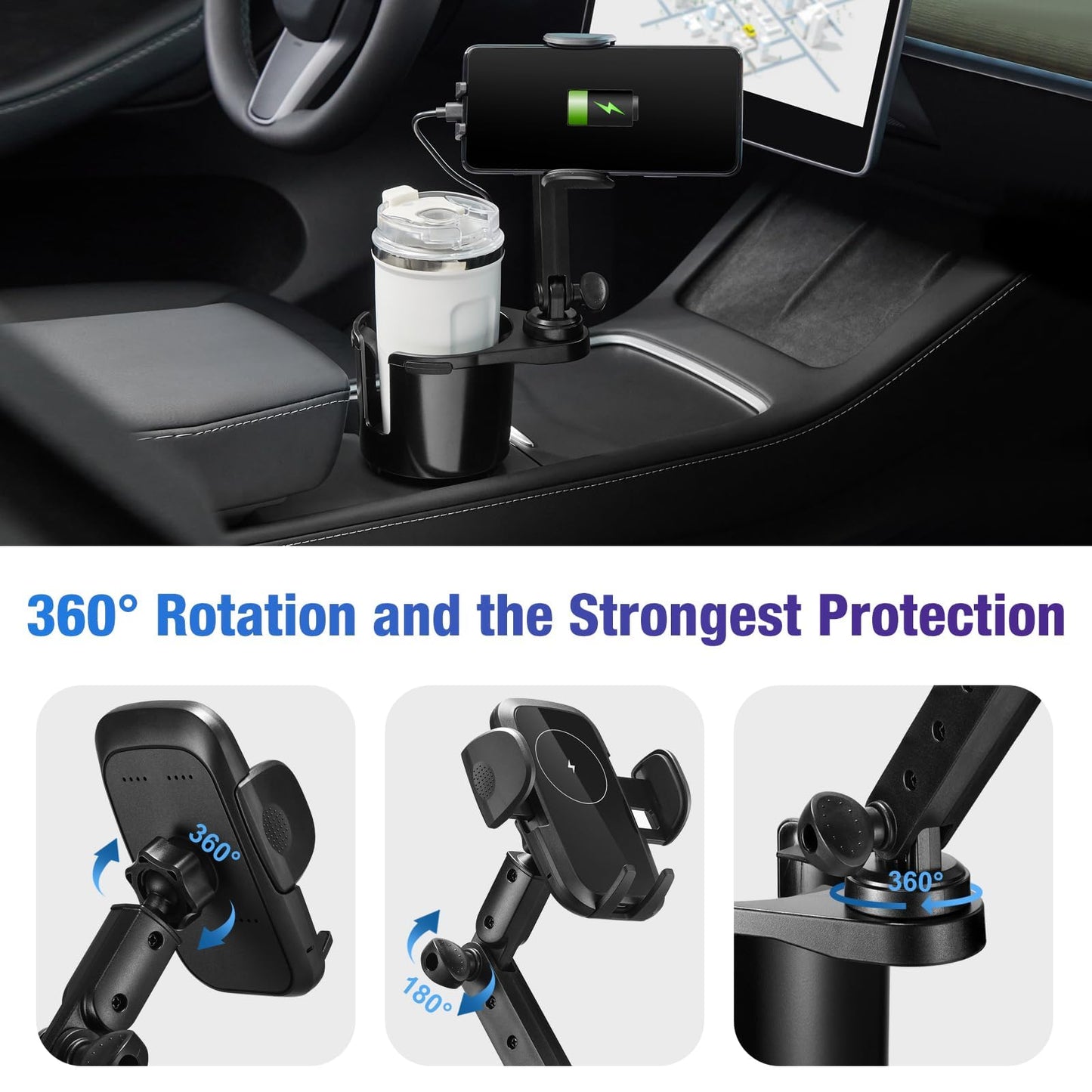 This Hill Cup Holder Phone Charger, 15W Fast Charging Auto Clamping, Phone Holder For Cup Holder Charger With Adjustable Base &