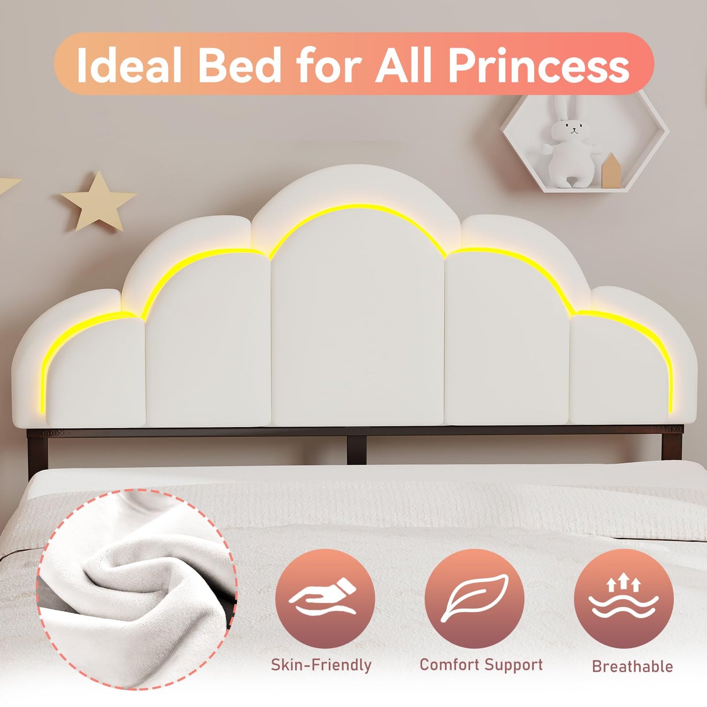 SADENICEL Full Upholstered LED Bed Frame with 2 Storage Drawers, Chic Double Wavy Headboard, Velvet Princess Platform Bed, Solid Wood Slats Support,No Box Spring Needed, Beige