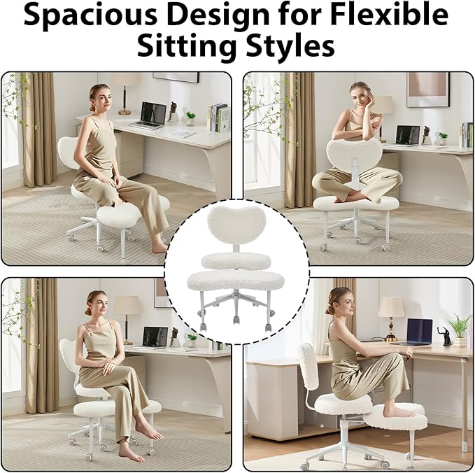 Cross Legged Office Chair with Wheels–360°Swivel Meditation Chair, Adjustable Height Yoga Office Chair for Adults, Ergonomic Kneeling Chair with Back Support for ADHD, Faux Fur, Cream