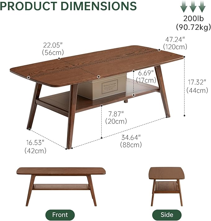 Wayshome 100% Solid Oak Wood Coffee Table with Storage Shelf, 2-Tier Rectangle Coffee Table for Living Room, Modern Center Table for Living Room (Walnut Colour, 47.24" W x22.05 D x 17.32" H)
