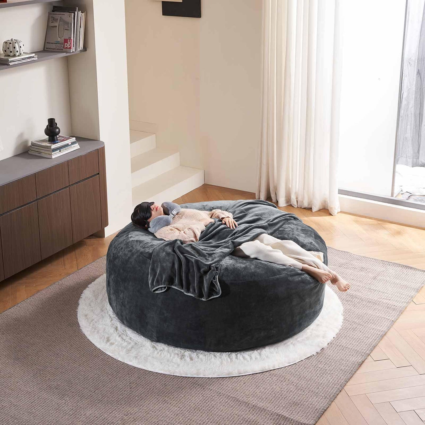 7FT,Oversized Bean Bag Chairs for Adults，Bean Bag Chair with Filler Included，Giant Bean Bag Chair Covered with Flannel Cover, Living Room Furniture, Suitable for Bedroom and Dormitory. (Dark Gray)