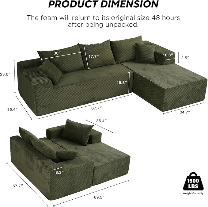 Green Cloud Couch Sectional Sofa in Box with L-Shape Chaise,Modern Modular Couches Upholstered with Deep Seat for Living Room,No Assembly Required