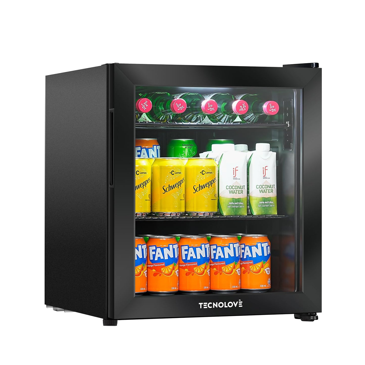 Beverage Refrigerator Cooler,Mini Fridge,Free Standing,1.6 Cu.Ft Cools Down To 32 ℉,Stainless Steel,LED Touchscreen Digital Temp Control,Under Counter,Double-layer Glass Door,Adjustable Shelves,Black