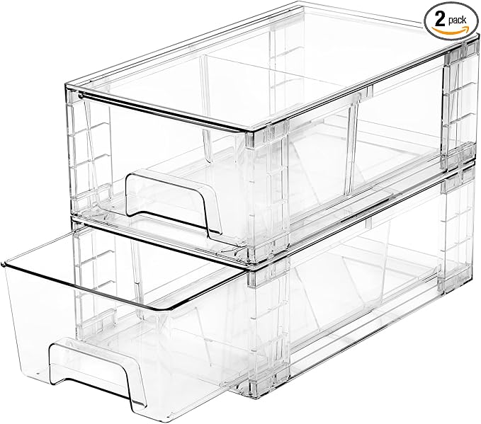 2 Pack Stackable Storage Drawers,Plastic Organizers Bins, Drawers Storage with Handles and Movable Dividers for Organization and Storage in Fridge,Dressers, Pantry, Kitchen Cabinets, Under Sink