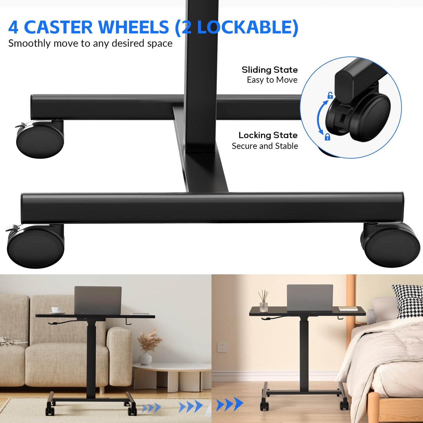 GallopFun Mobile Laptop Standing Desk Adjustable Height, Small Mobile Desk Workstation with Wheels, Portable Rolling Computer Desk Cart for Home Office Classroom (Black)