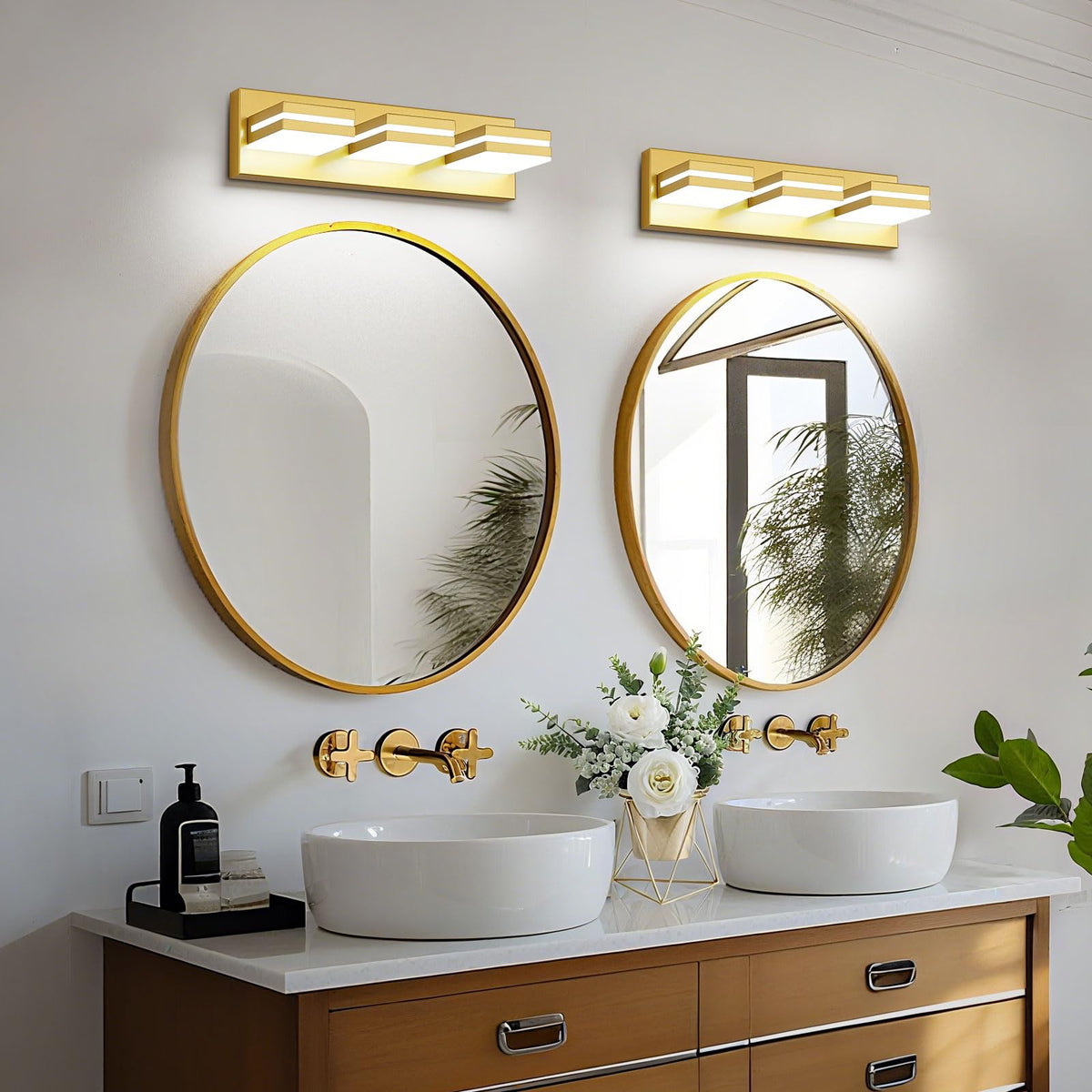 JZEKVN Modern LED Bathroom Lights Fixtures(3-Light),Metal Gold Acrylic Wall Lighting,Vanity Lights for Bathroom Over Mirror(6000k 16In