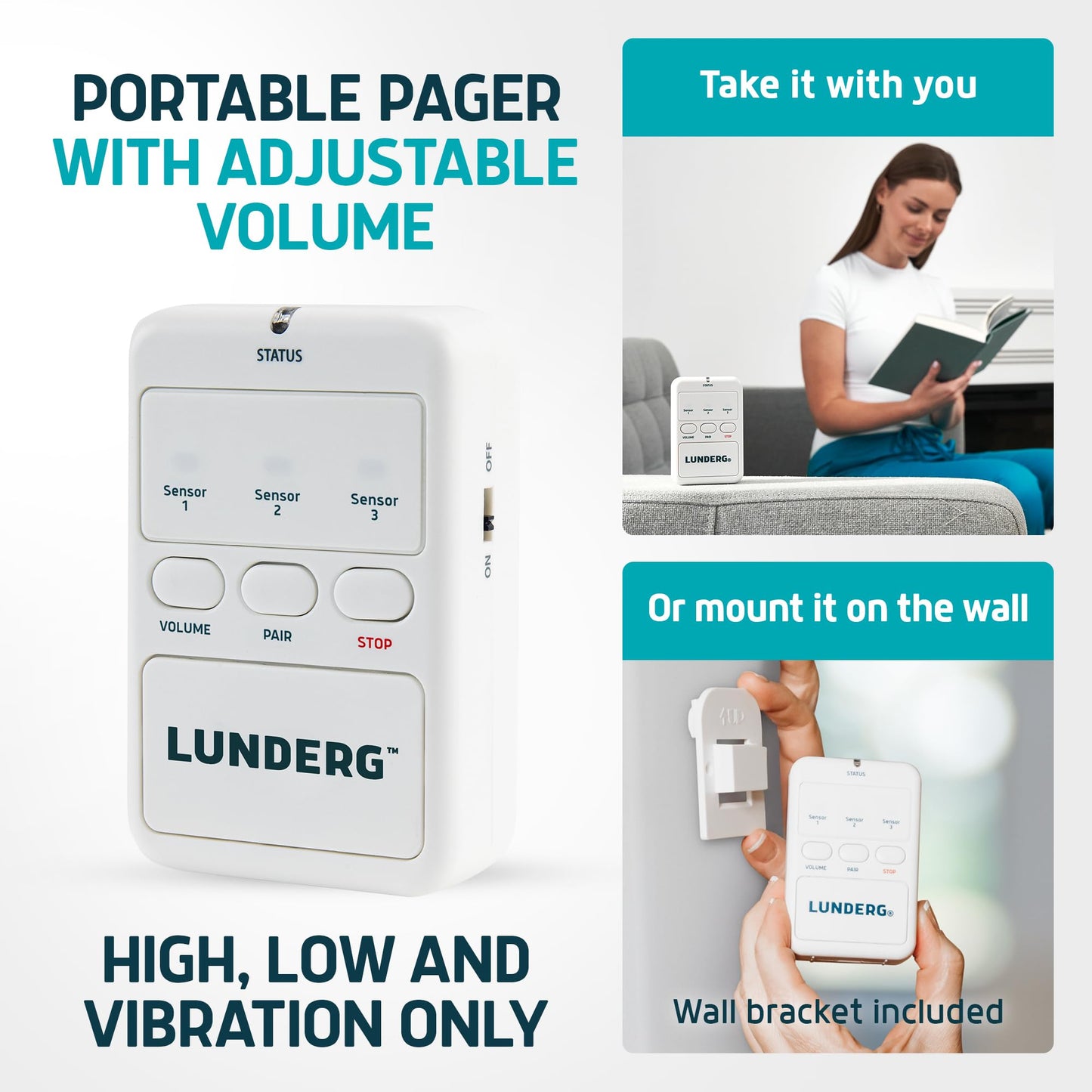 Lunderg Early Alert Bed Alarm for Elderly Adults - Wireless Sensor Pad & Pager - with Pre-Alert Smart Technology - Safety Bed Alarms and Fall Prevention for Elderly and Dementia Patients