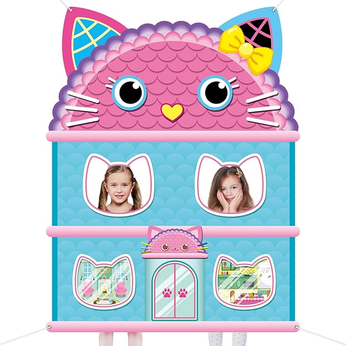 5x4Ft Cartoon Cat House Themed Backdrop Cartoon Doll Theme Birthday Party Decorations Cute Cat Photo Booth Banner Props Ki...