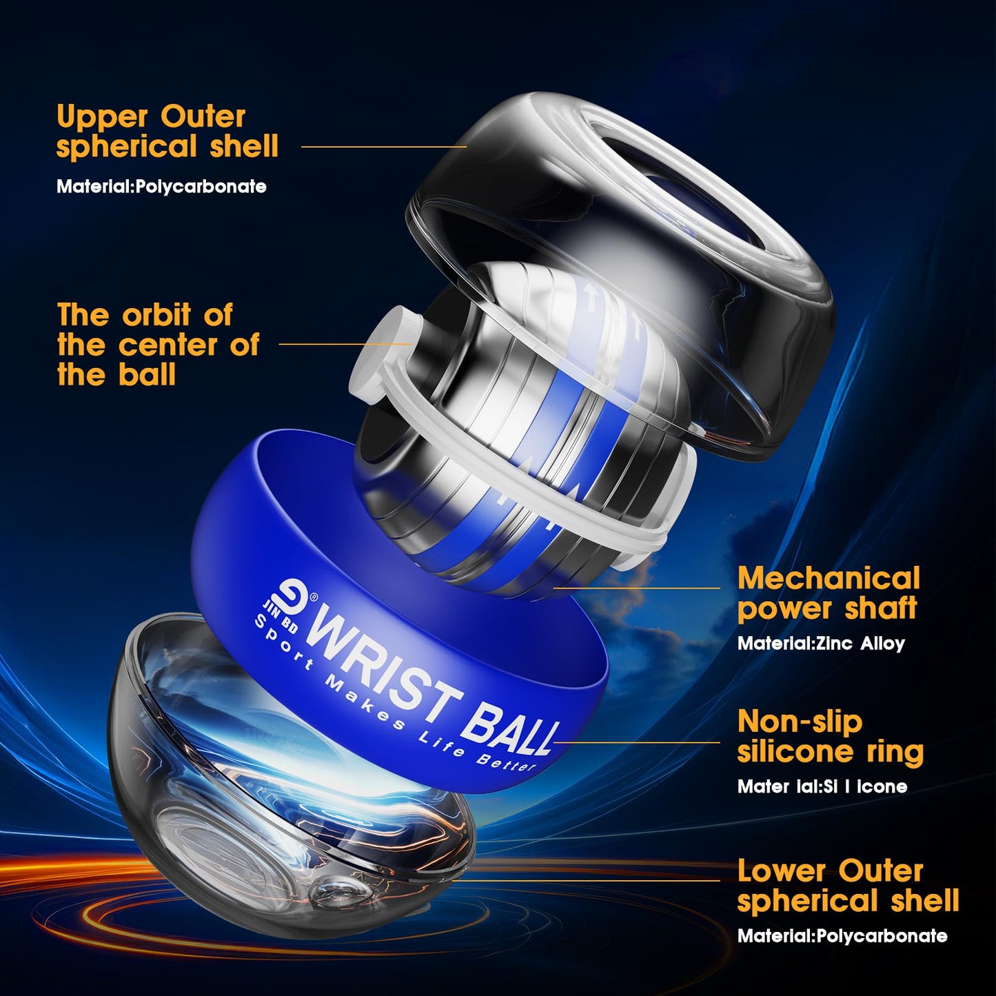 JIN BDWrist Trainer Ball Auto-Start Wrist Strengthener Gyroscopic Forearm Exerciser Gyro Ball for Strengthen Arms, Fingers, Wrist Bones and Muscles（Blue Without Light）