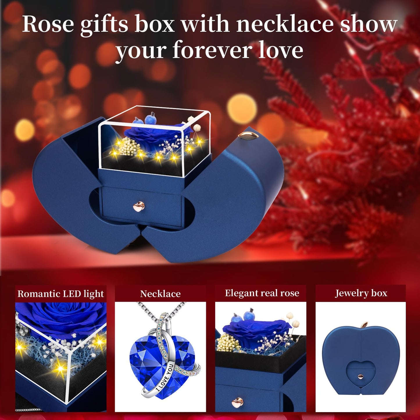 Preserved Real Blue Rose with l Love You Forever Flowers Rose Birthday Gifts for Women Her Mom Wife Girlfriend Grandma on Valentines Mothers Day Christmas Anniversary Romantic-Blue