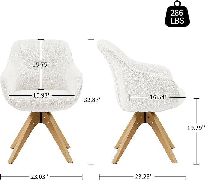Art Leon Dining Chair - Mid Century Modern Boucle Fabric Swivel Dining Room Chair with Natural Oak Wood Legs, Leisure Side Chair with Arms for Living Room, White