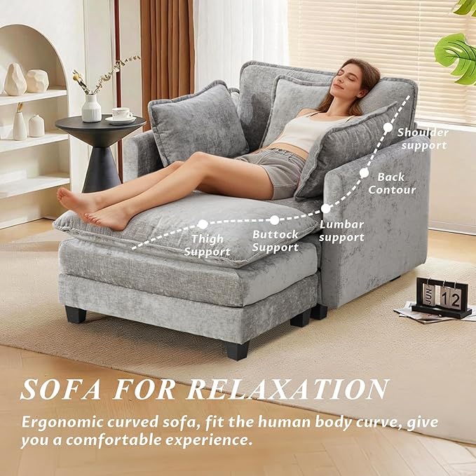 SoarFlash Chenille Sectional Sofa, Comfy Modular Single Sofa with Ottoman, Modern Recliner Deep Seat Sofa Set for Living Room,Grey