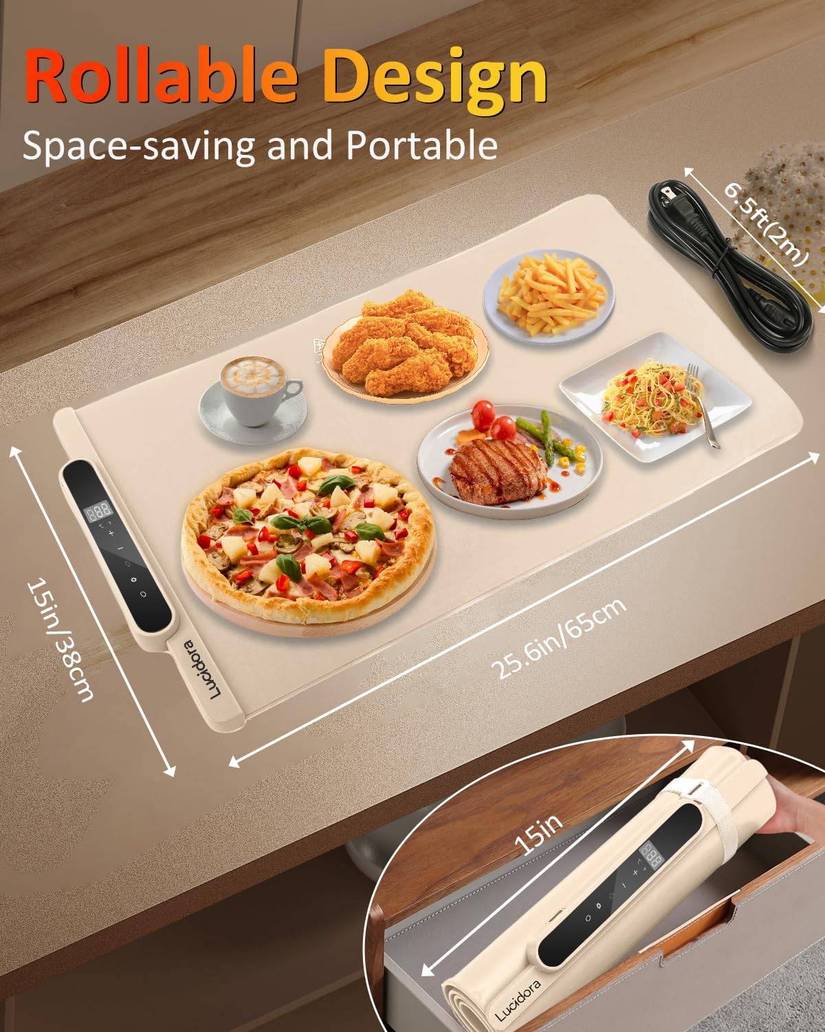 Lucidora Food Warming Mat, Electric Rollable Food Warmer 10 Levels Temperature & 10-Hour Timer Large Warming Tray with Child Lock for Parties & Buffet, Extra-Long 6.5ft Cord, Creamy White