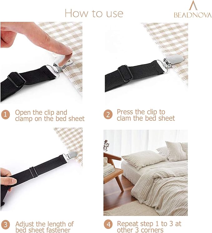 BEADNOVA Bed Sheet Straps 4 Pcs Bed Sheet Holders Fitted Sheet Clips Adjustable Sheet Suspenders Mattress Fasteners Gripper Corner Clips for Bed Mattress Cover Fitted Bed Sheets Sofa Cushion