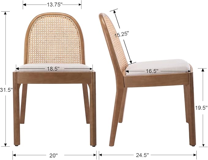 DUOMAY Mid-Century Modern Rattan Dining Chairs Set of 2, Wooden Dining Room Chair with Cane Backrest and Padded Seat, Linen Upholstered Dining Chair, Natural Finish, Beige