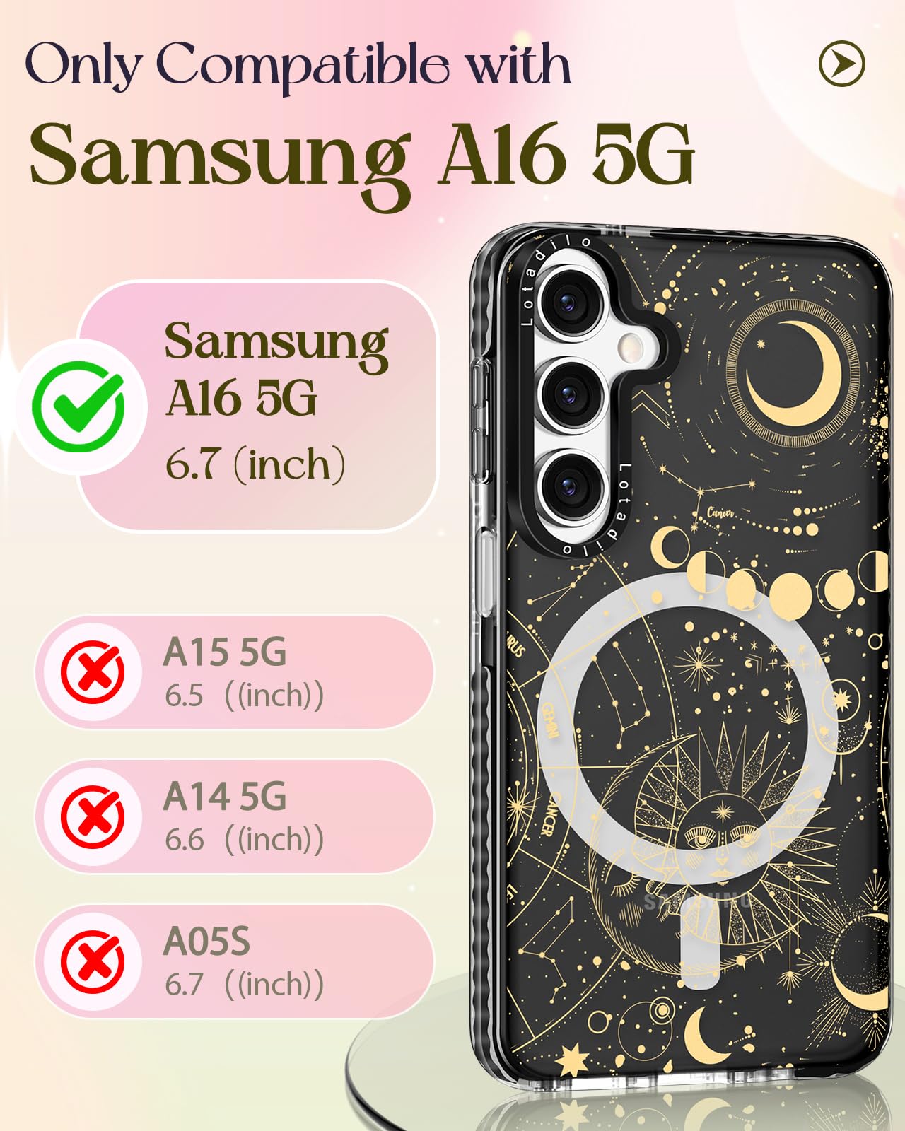Lotadilo Cute Case For Samsung Galaxy A16 For Women Girls - Funny Sun Moon Design Compatible With Magsafe Magnetic Ring Holder K