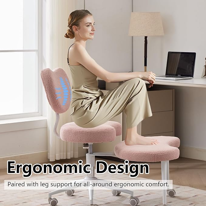 Cross Legged Office Chair with Wheels–360°Swivel Meditation Chair, Adjustable Height Yoga Office Chair for Adults, Ergonomic Kneeling Chair with Back Support for ADHD, Teddy Fabric, Pink