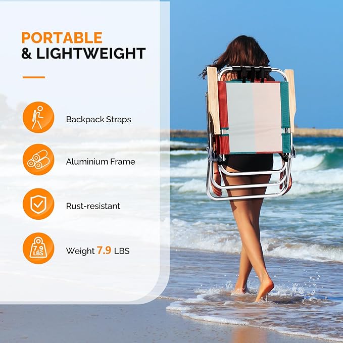 VINGLI Aluminum 17" Backpack Beach Chair – Tall Beach Chairs for Adults, Portable with Adjustable Straps, 3-Position Reclining, Cup Holder, High Lightweight Beach Chairs for Beach