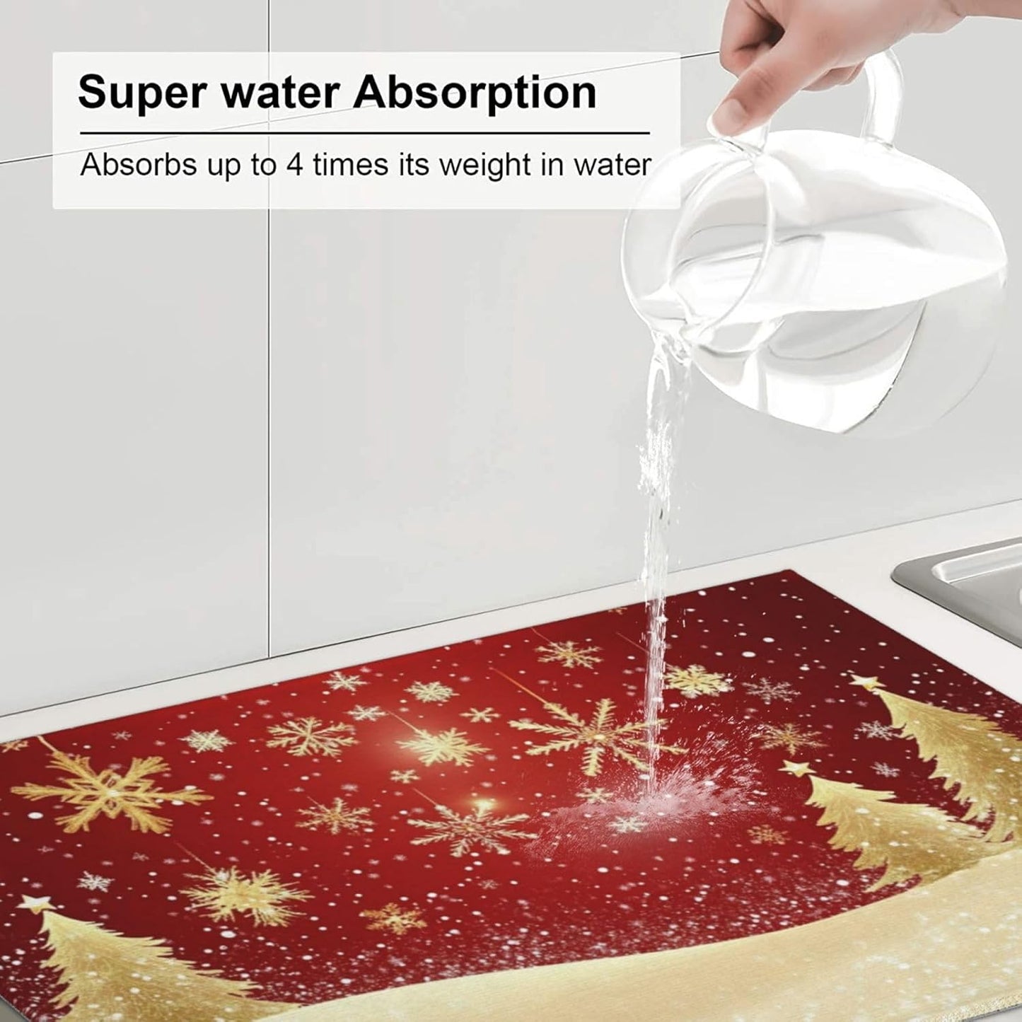 Dish Drying Mat for Kitchen Gold Christmas Tree Pattern Snowflake Counter Absorbent Dishes Drainer Microfiber Large 18x24 Inch