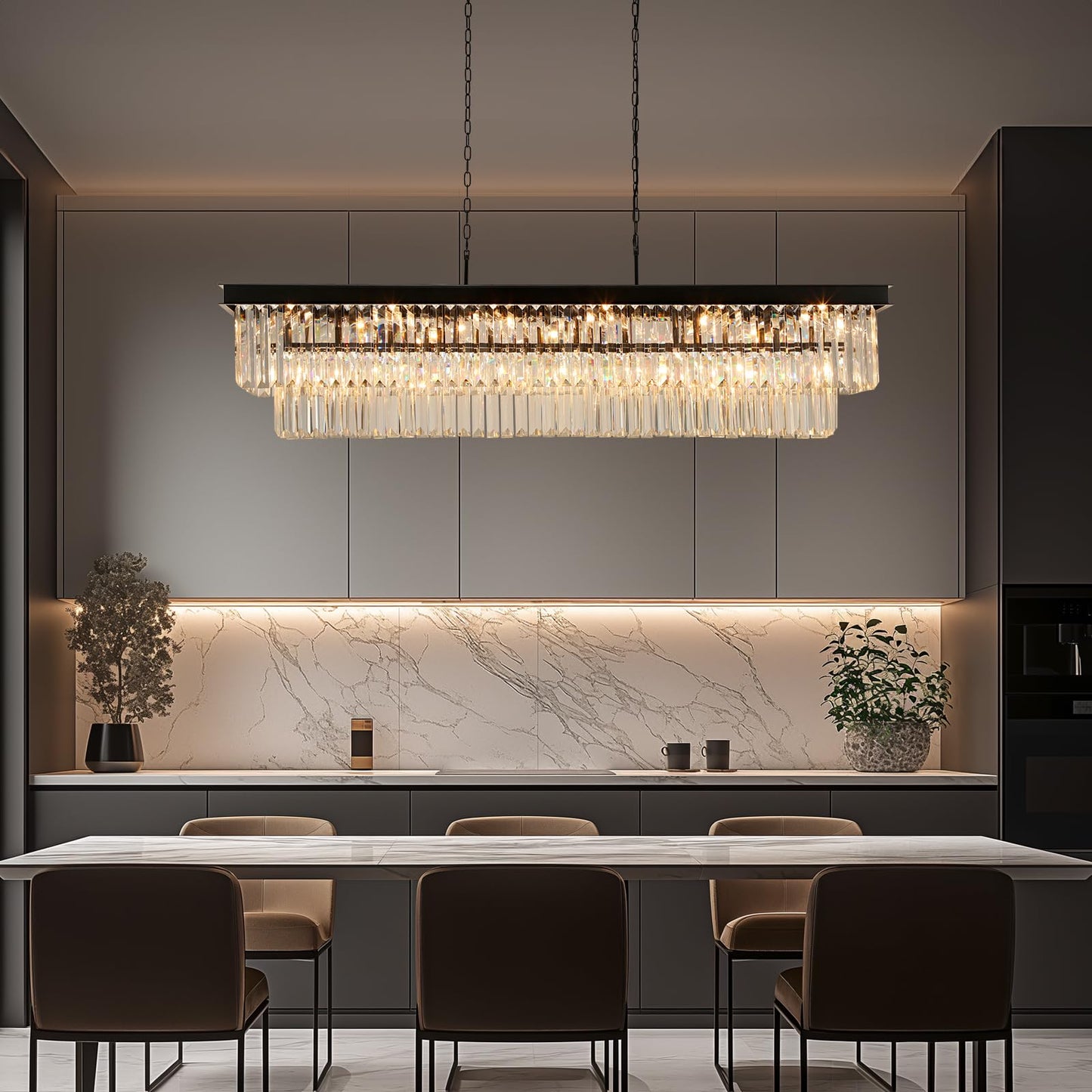 Weesalife Crystal Chandeliers for Dining Room Light Fixtures Over Table，18-Lights Black Modern Rectangle Chandeliers for Kitchen Island Bar L46 Inch