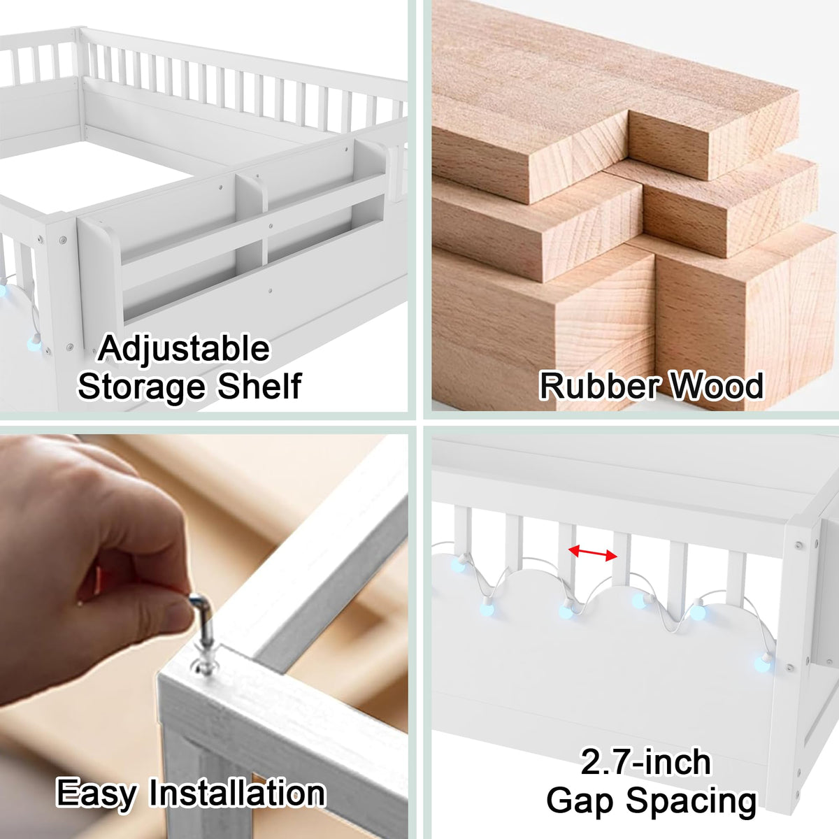 Twin Size Floor Bed with High Rails, Solid Wood Montessori Bed with Lights & Storage Shelf for Baby,Kids Bed Frame for Girls, Boys, Floor Bed Frame Without Slats,White