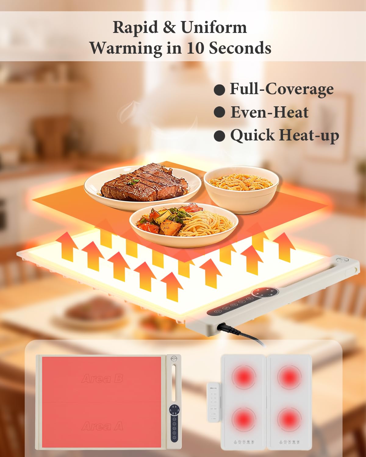 KokoSelene Food Warming Mat, Dual-Zone Heating Mat for Food with 7 Temp & Timer, 10s Fast Heat Flexible Silicone Warmer for Home, Parties, Buffet Serving (Cream-1 PCS)