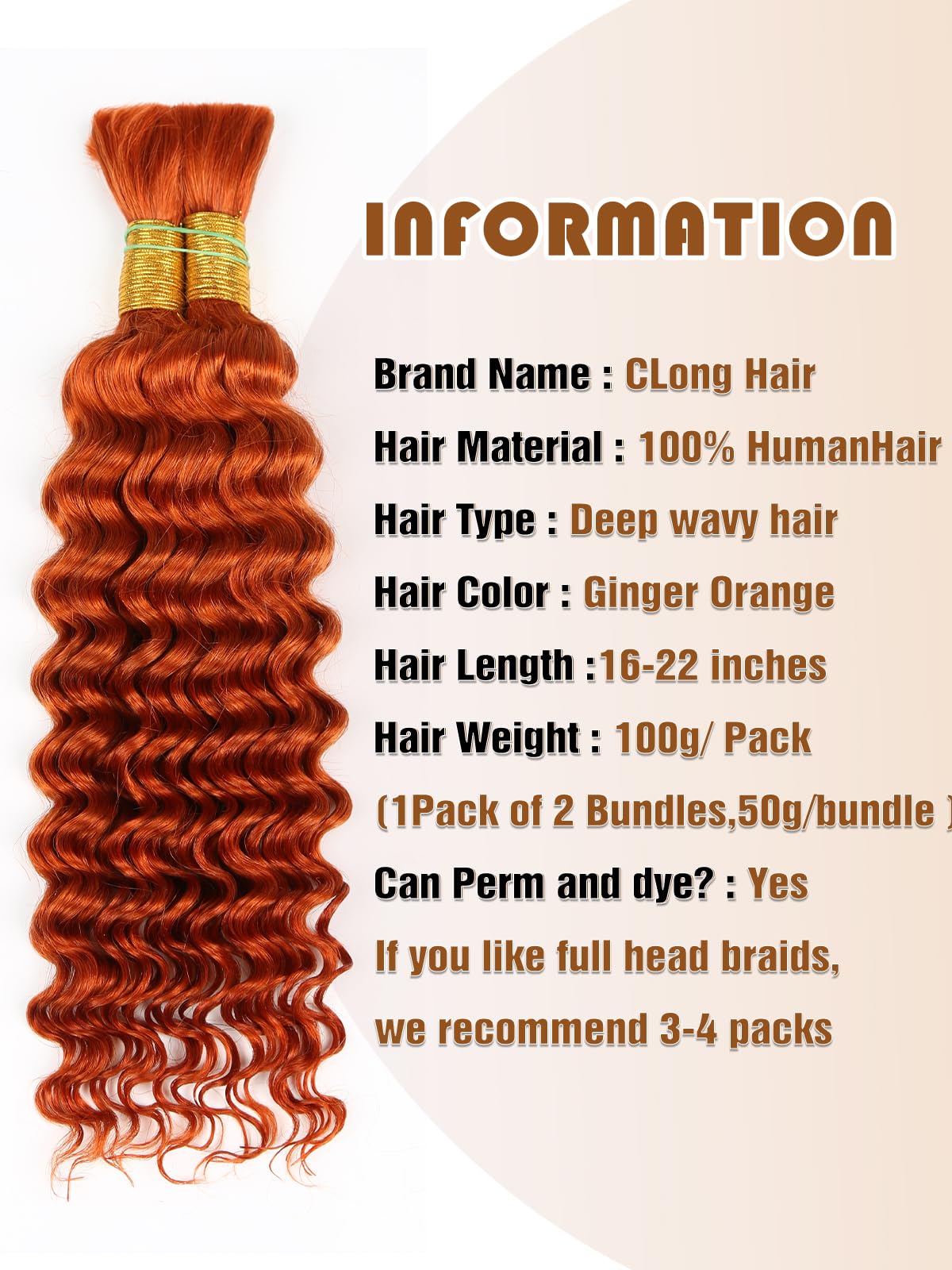 Human Braiding Hair Deep Wave Bulk, Ginger Orange Color No Weft Curly Braiding Hair Extensions for Boho Braids Wet and Wavy Brai