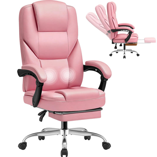 Shahoo Executive Office Chair with Massage, Ergonomic Reclining High Back Leather Seats with Footrest and Lumbar Support, Big and Tall, 400Lbs Heavy Duty, Pink