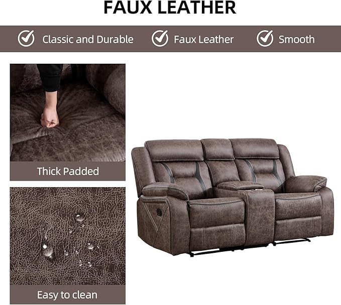 EBELLO Faux Leather Manual Loveseat Recliner, 2 Seat Reclining Sofa Chair with Center Console, Hidden Storage and Cup Holders, Daul Recliner for Living Room, Meeting Room, Grey (Loveseat)