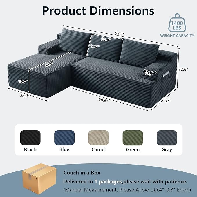 96" Cloud Sectional Couch with L-Shape Chaise, Modern Corduroy Boneless Couch for Living Room,Memory Foam Sofa with Deep Seat,No Assembly Required (Dark Gray,Left-Facing Chaise)